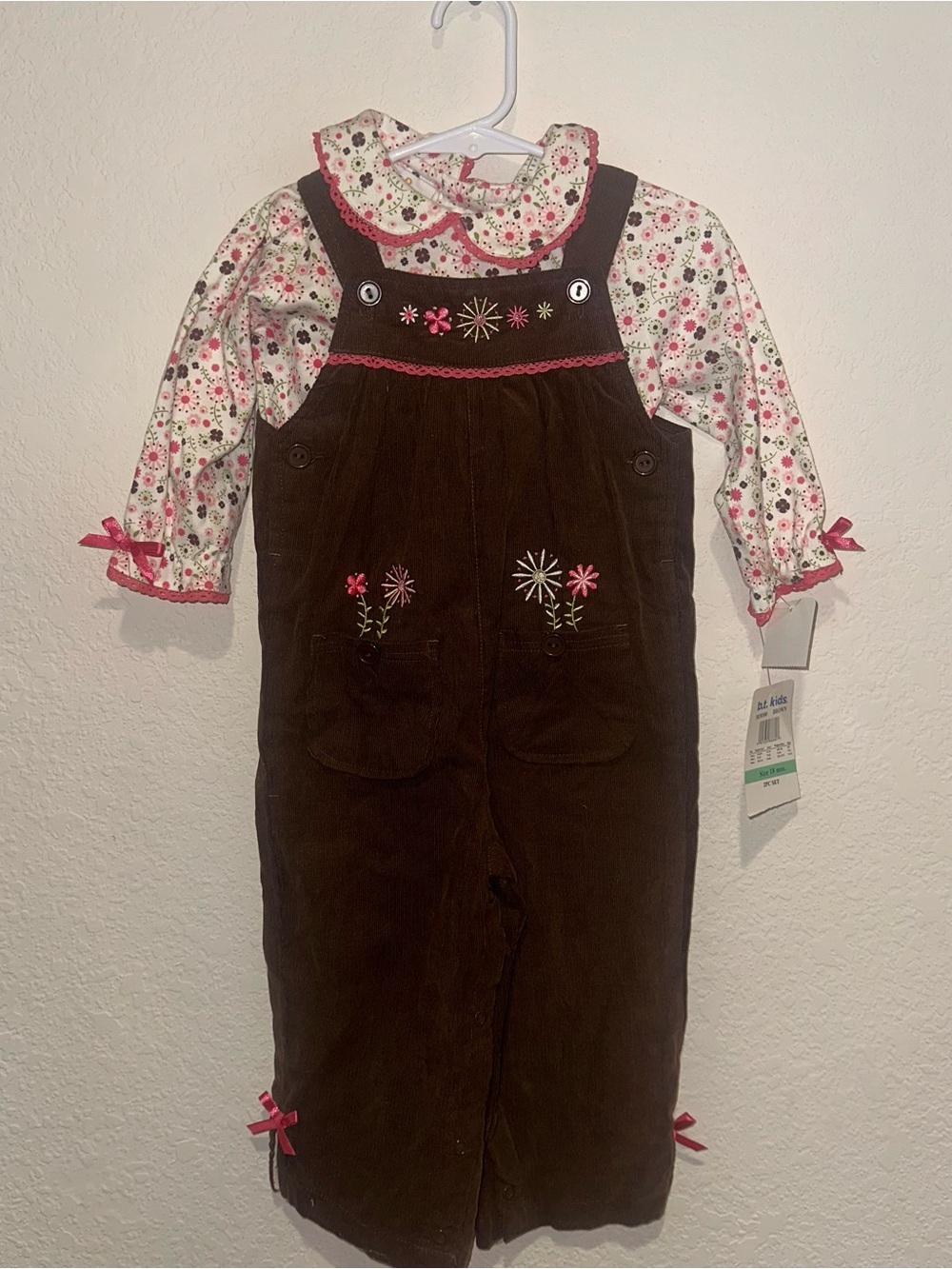 NWT Vintage Corduroy Flower Embroidered Overalls with Pink Floral Top 28 Months